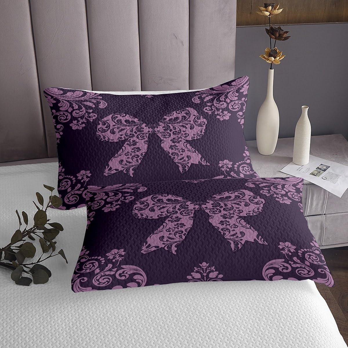 Erosebridal Adults Purple Damask Quilt Set Queen Size Luxury Gothic Bowknot Bedspread Set for Kids Boys Girls Baroque Flower Bow Princess Bedspread Sets Vintage Coquette Floral Bow-Tie Coverlet Set