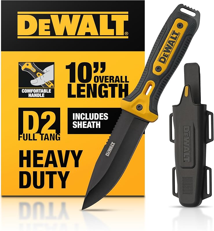 DEWALT D2 Steel Fixed Blade Knife – Full Tang EDC Utility Knife with Sheath, Heavy-Duty Work Tool | Rubber-overmold grip, nylon-fiber handle, ABS sheath, belt/gear attachments, edge retention, rust resistance, jobsite utility