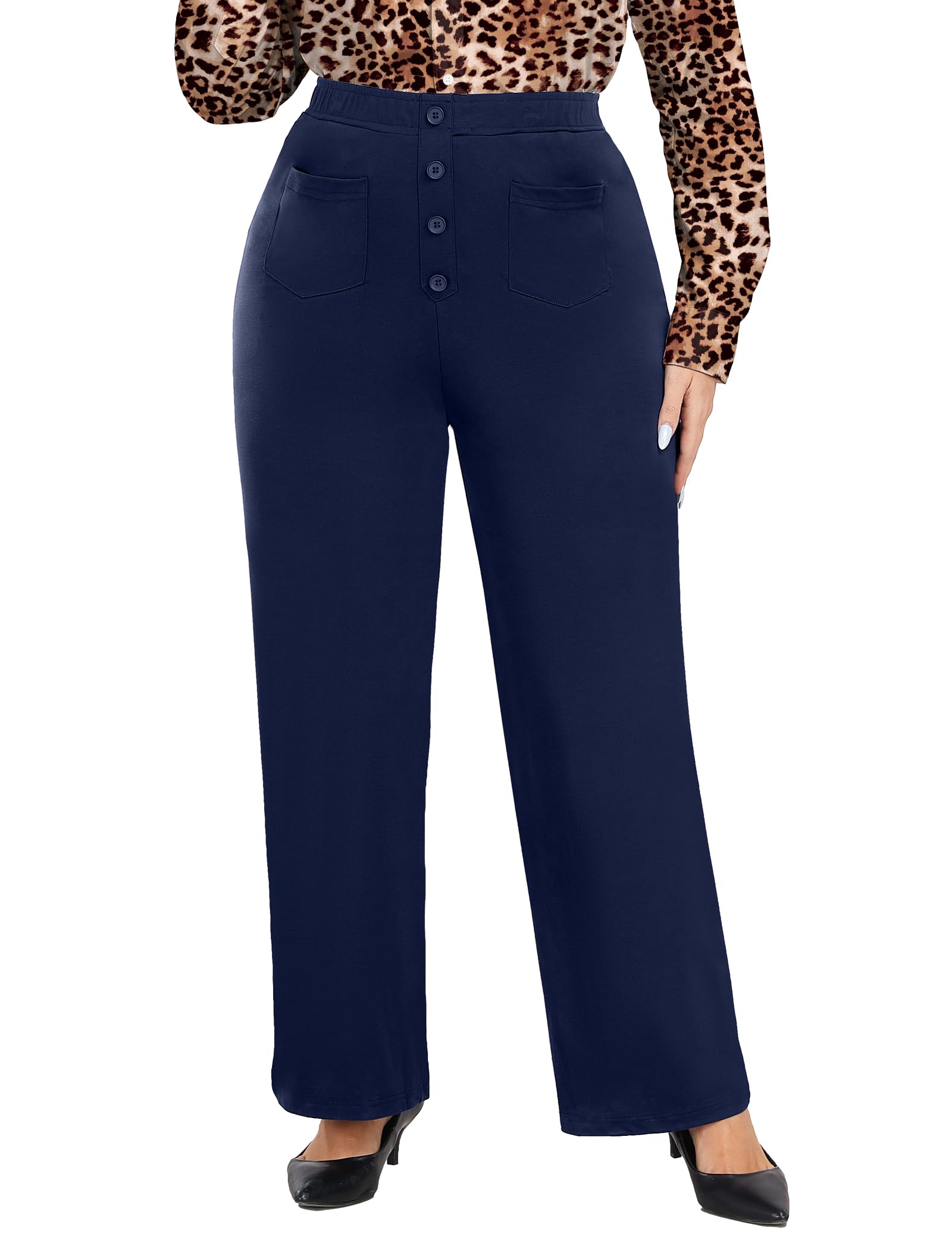 FOREYOND Plus Size Dress Pants Womens Straight Leg Trousers Work Slacks for Business Casual with Pockets Blue 1XL