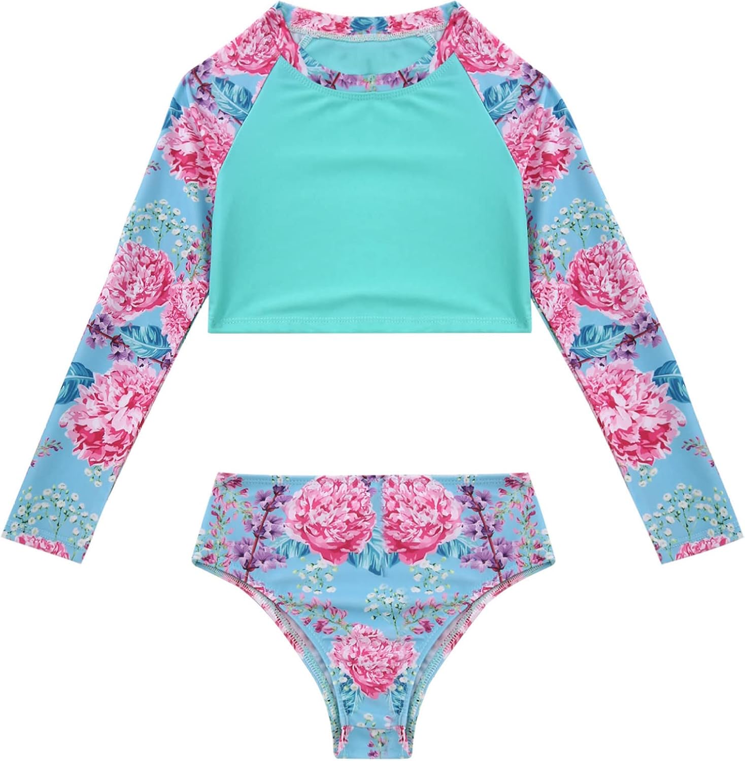 Little Girls 2 Piece Swimsuit Rash Guard Long Sleeve Crop Top with Bottoms UPF 50+ Sun Protection Blue 4 Years