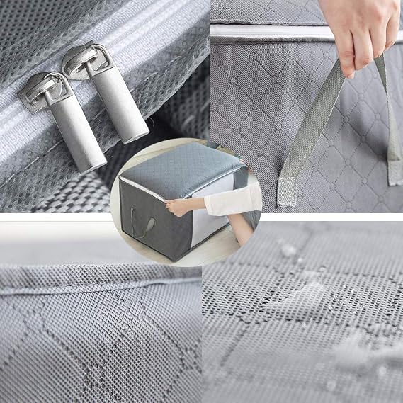 Large Clothes Storage Bags with Zips, 3pcs Duvet Storage Bag Thick Breathable Fabric Storage Bags with Clear Windows for Clothing Quilt Bedding (Grey, 60x35x40 cm)
