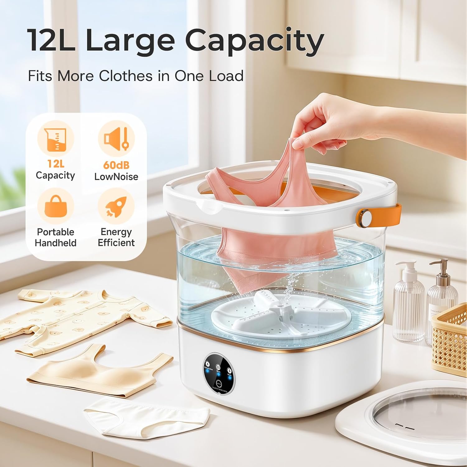 Portable Washing Machine, 12L Mini Washer with Spin Basket, 5/10 Min Wash & 4 Min Spin, Compact Portable Washer with Drain Hose for Baby Clothes, Underwear, Socks, Apartment, Dorm, RV