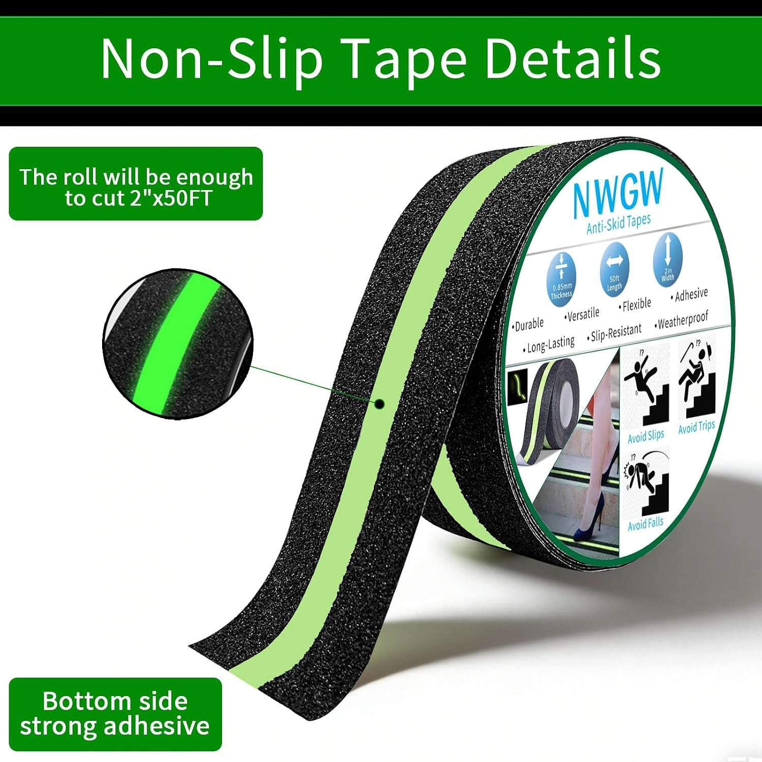 Glow in Dark Anti Slip Tape, 2" x50FT Heavy Duty Waterproof Safety Grip Tape for Stairs, Pool, Bathroom - Black & Glow Stripe Indoor/Outdoor Multi-Purpose Traction Tape