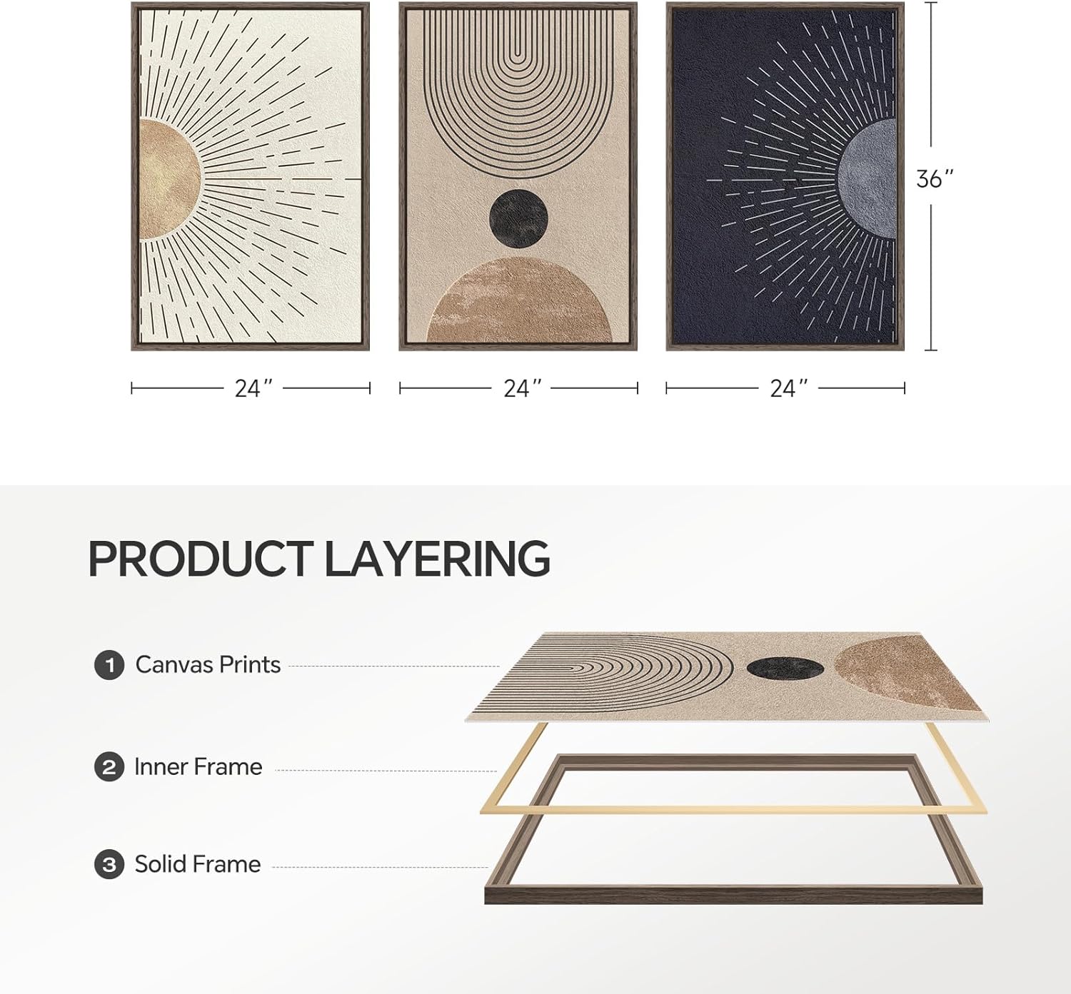 Framed Large Boho Neutral Abstract Wall Art for Living Room, Black Beige Sun and Moon Paintings Prints for Hallway Office, Set of 3 Piece Modern Minimalist Canvas Artwork Pictures 24x36 Inch