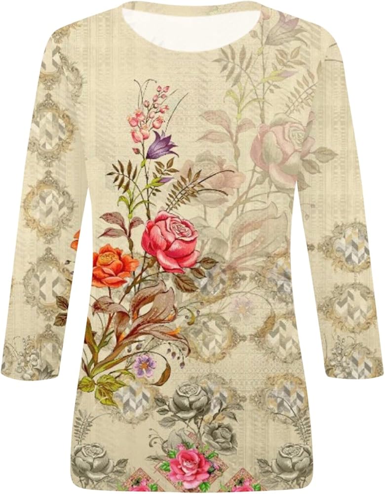 Damen Bluse Mit Blumenmuster – 3/4 Arm, Lose Passform, Rundhals, Aus Weichem Material – Für Freizeit & Büro