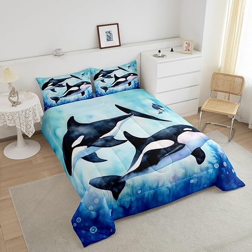 Miniatura 3 de Juego de edredón Queen de orcas y orcas de orcas y medusas del mundo submarino, para niños y niñas, animales marinos profundos, vida marina, 3