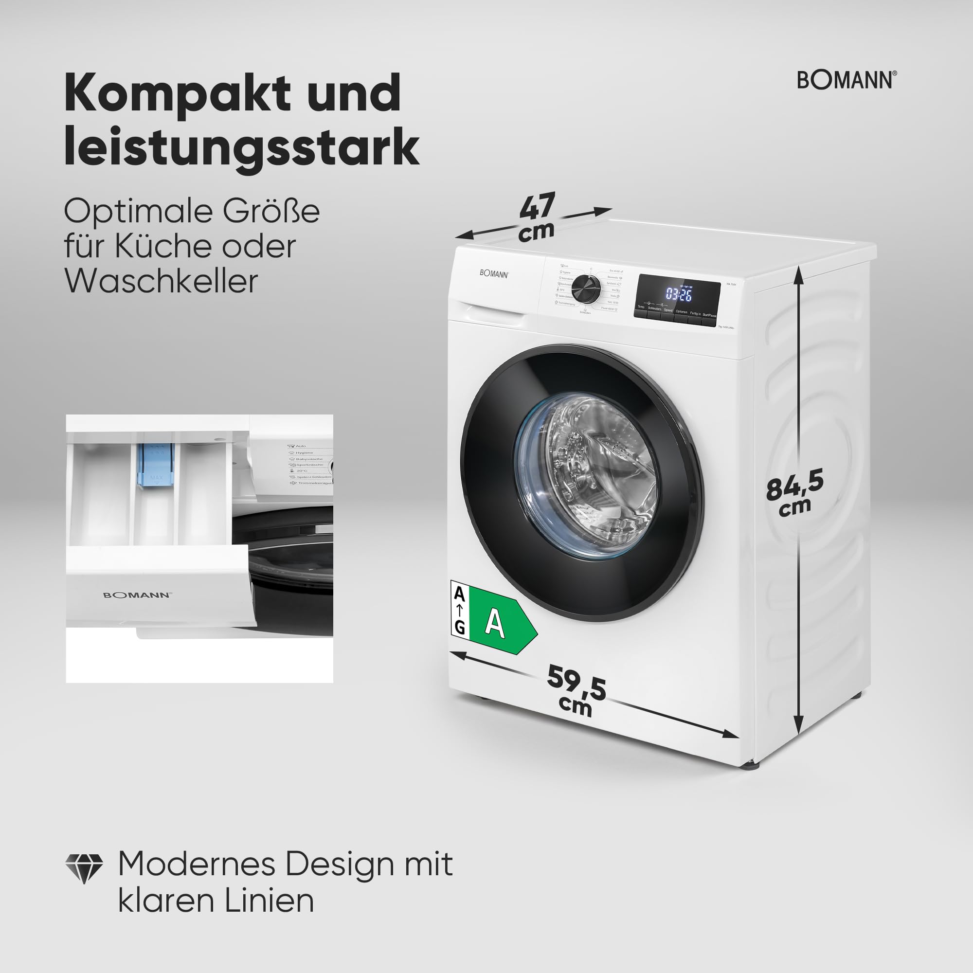 Bomann® Waschmaschine 7kg | 10 Jahre Motor-Garantie | Invertermotor - effizient, leise & langlebig | inkl. Aqua-Stop | max. 1400 U/min | 15 Programme | LED-Display | Washing Machine | WA 7501 weiß