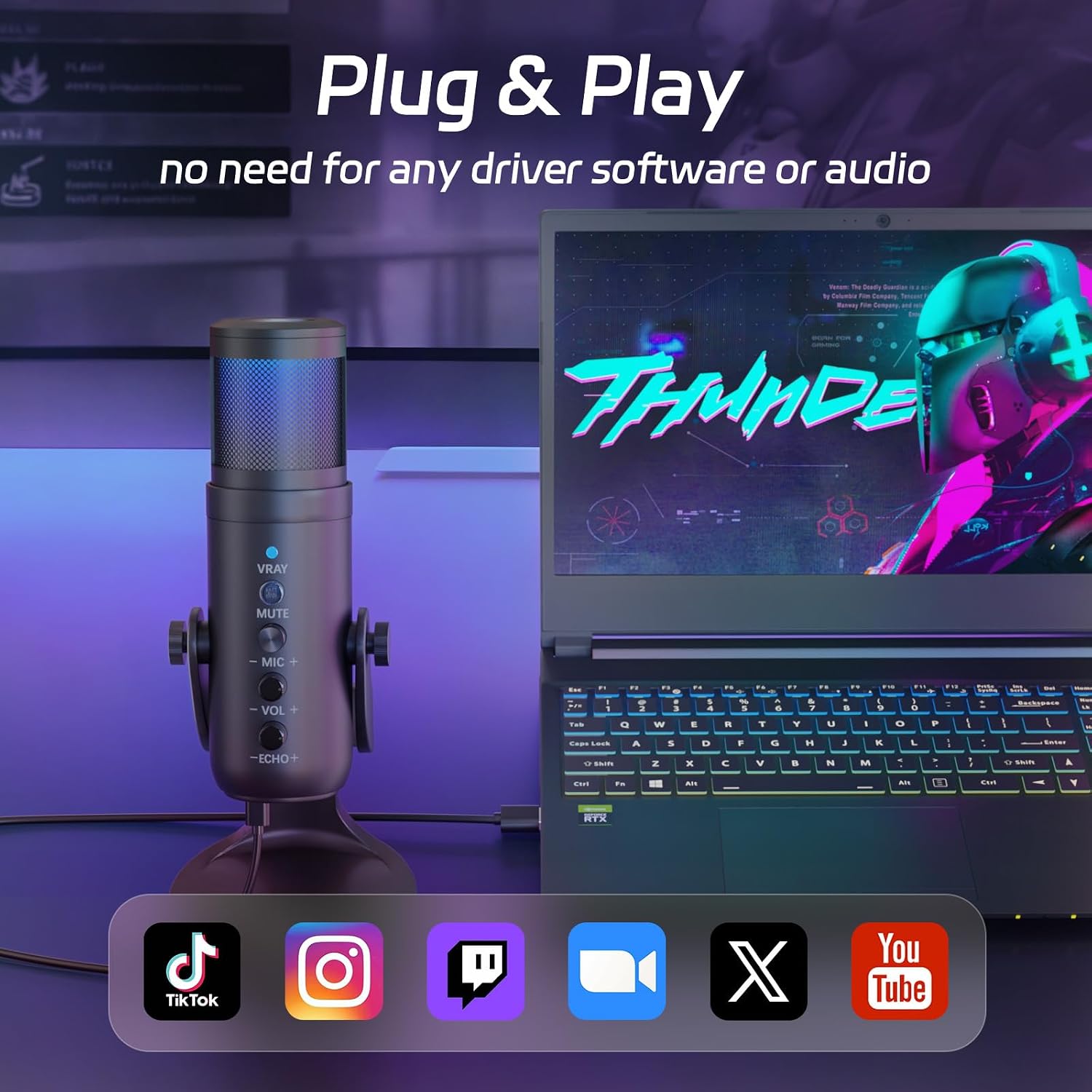 USB Podcast Microphone, One-Click Noise Cancelling & Mute, Volume Control, Plug & Play Custom RGB, 3.5mm Headphone Jack, with PC Laptop Perfect for Recording Podcasting