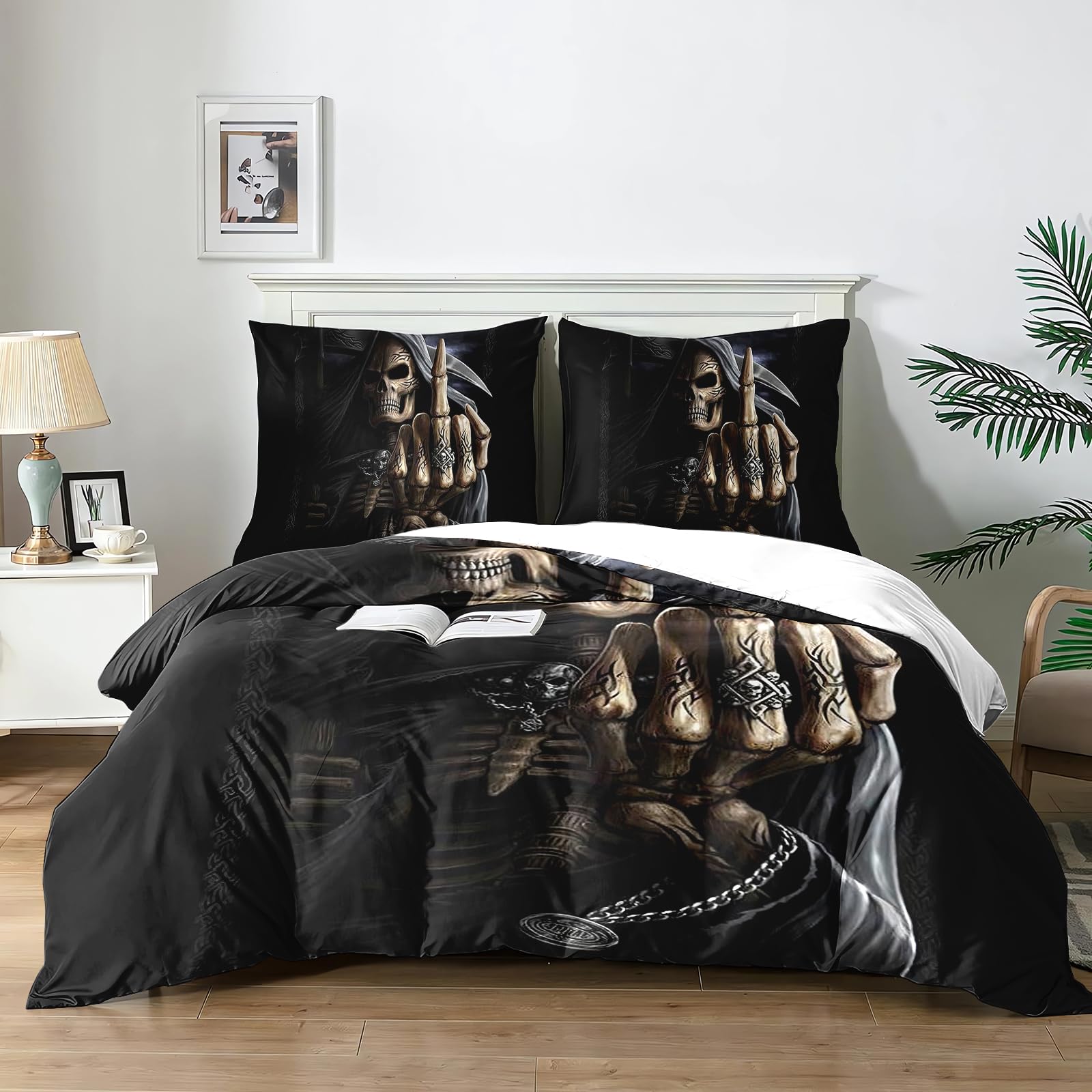 Yzehomijia Skull Pattern Duvet Cover Sets 200×200 cm, Gothic Style, Includes 1 Duvet Cover + 2 Pillowcases 65x65 cm.(K2×200)