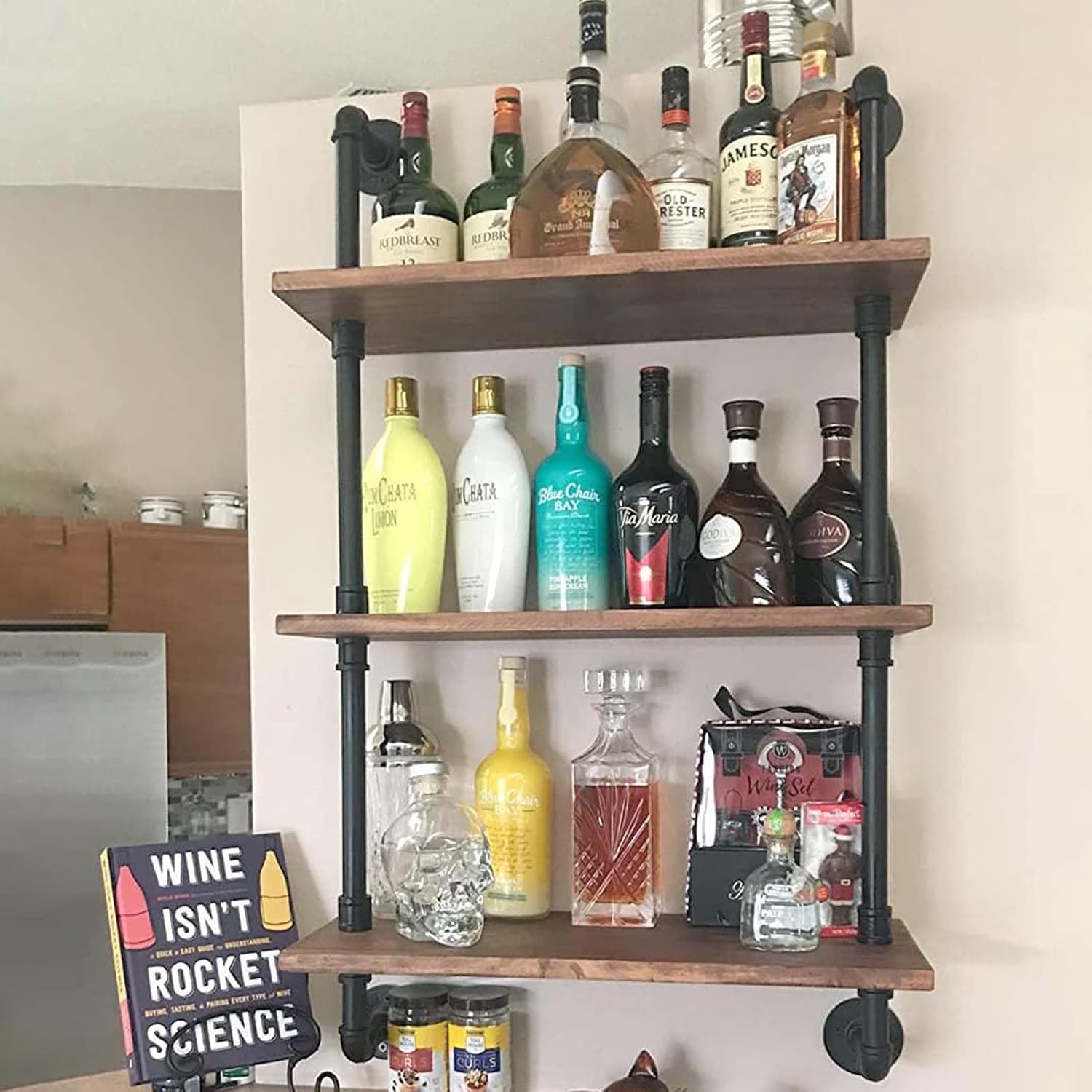 Industrial Vintage Pipe Shelf with Wood Wall Mount Wine Rack 2/3-Tiers, Floating Wall Storage Shelf with Metal Bracket, Decorative Display Ladder Shelf for Coffee Bar(120x25x100cm) (One Co