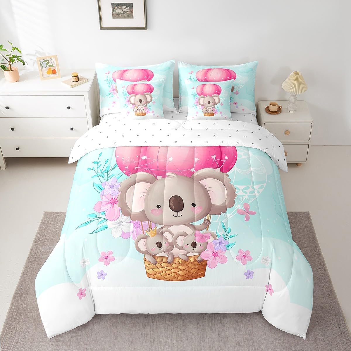 Manfei 7 Pieces Flamingo Comforter Set Queen Size, Tropical Flower Leaves Bedding Set for Kids Girls Room Decor, Animal Bed in a Bag 7pcs with Comforter, Fitted Sheet, Flat Sheet and Pillow Cases