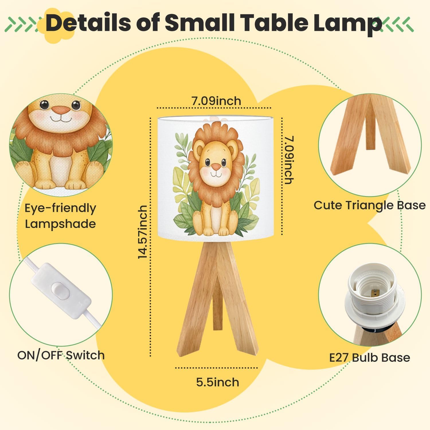 Cute Kids Bedside Desk Table Lamp Cute Animal Jungle Smiling Lion Green Leaves Yellow Cartoonish Children Nightstand Lamp, Tripod Small Night Lights Linen for Nursery Room Bedroom Dorm Decor