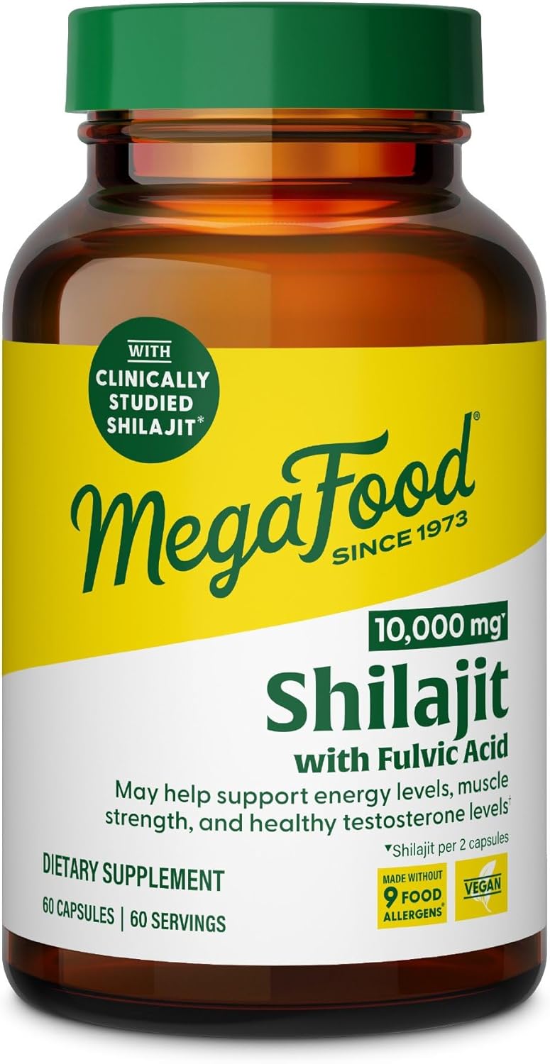 MegaFood Shilajit 10,000mg with Fulvic Acid - Shilajit for Men & Women - May Help Support Healthy Testosterone Levels, Muscle Strength & Energy Levels - Vegan, Gluten Free, 60 Capsules, 30 Day Supply