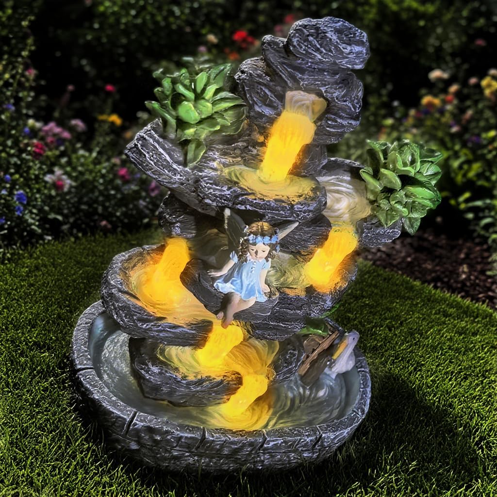 Fairy Garden Accessories Fairies Waterfall Solar Statues, 9" Waterproof Figurines Lights Outdoor House Decorations for Patio Lawn Porch Backyard, Gardening Birthday Gift for Women Kids Grandmom