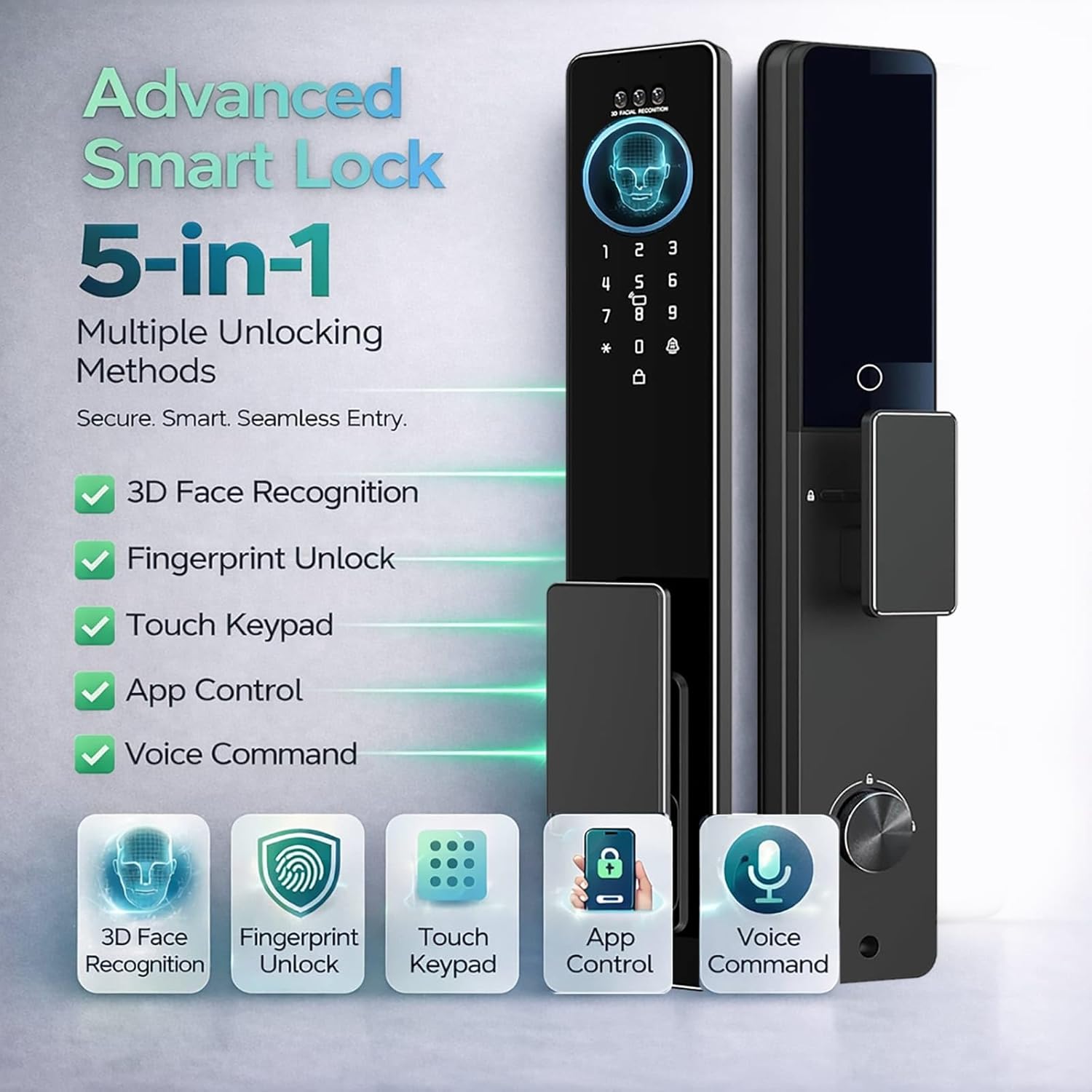 Smart Door Lock with Face Recognition: Built-in Video Monitor - 7-in-1 Keyless Entry: Palm Vein, Biometric Fingerprint, Keypad, App & Voice Control - Weatherproof Digital Deadbolt for Home Security