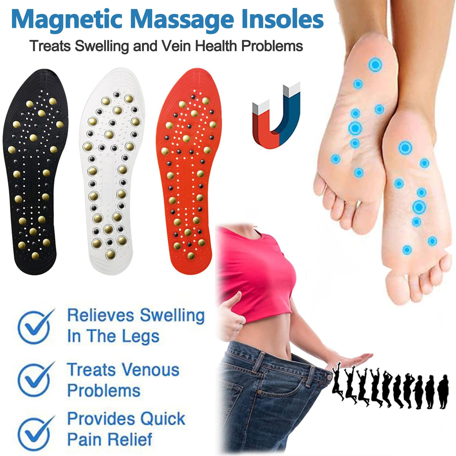 Solette per dimagrire, sollievo per piedi doloranti con inserti magnetici per agopressione,Solette Traspiranti Per Uomo e Donna,Solette Magnetiche Per Massaggio,Cura D(Size:3 pairs,Color:black)
