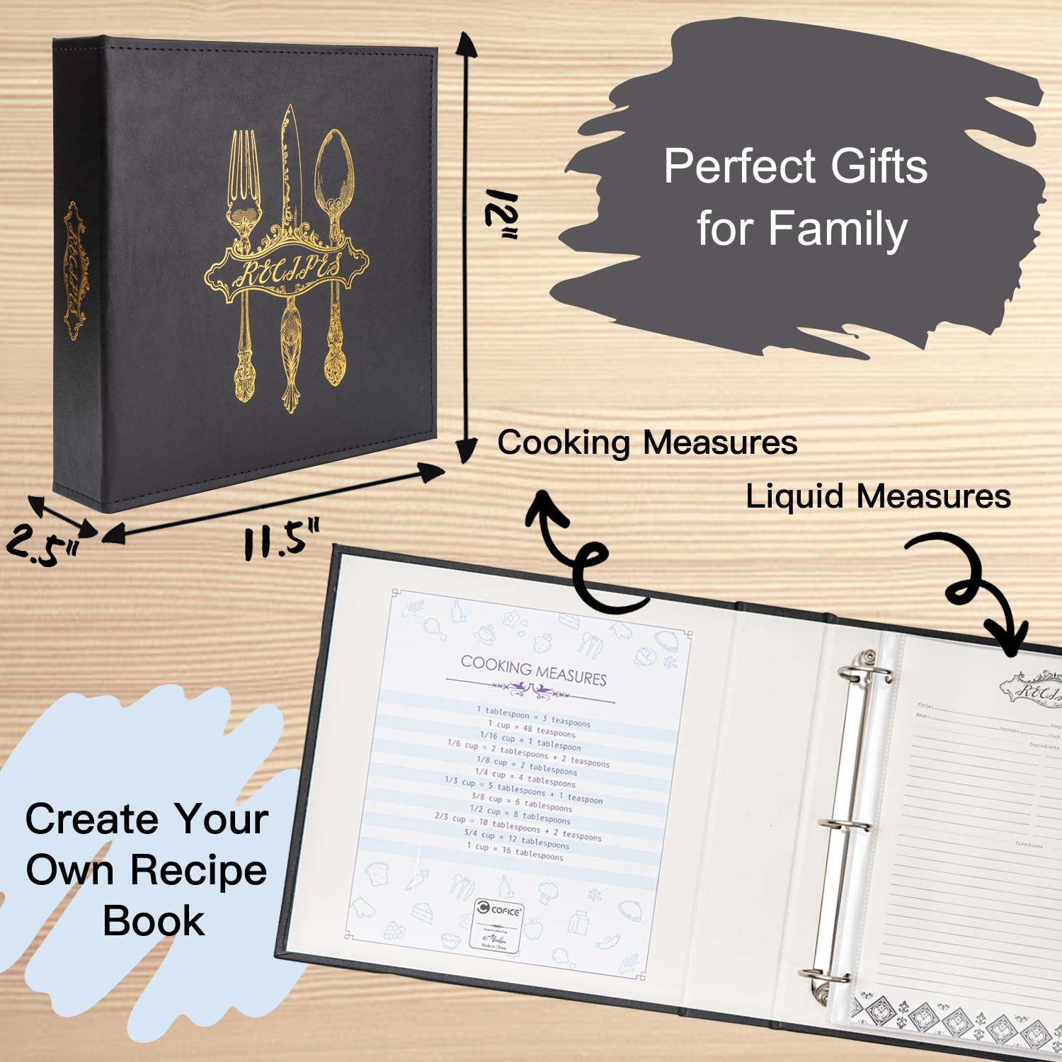COFICE Rezeptbuch – 8,5 x 11 3 Ringe blanko Familienrezept Buch Binder Kit zum Schreiben in Ihren eigenen Rezepten mit PU-Kunstleder-Einband und Kunststoffhüllen (schwarz)