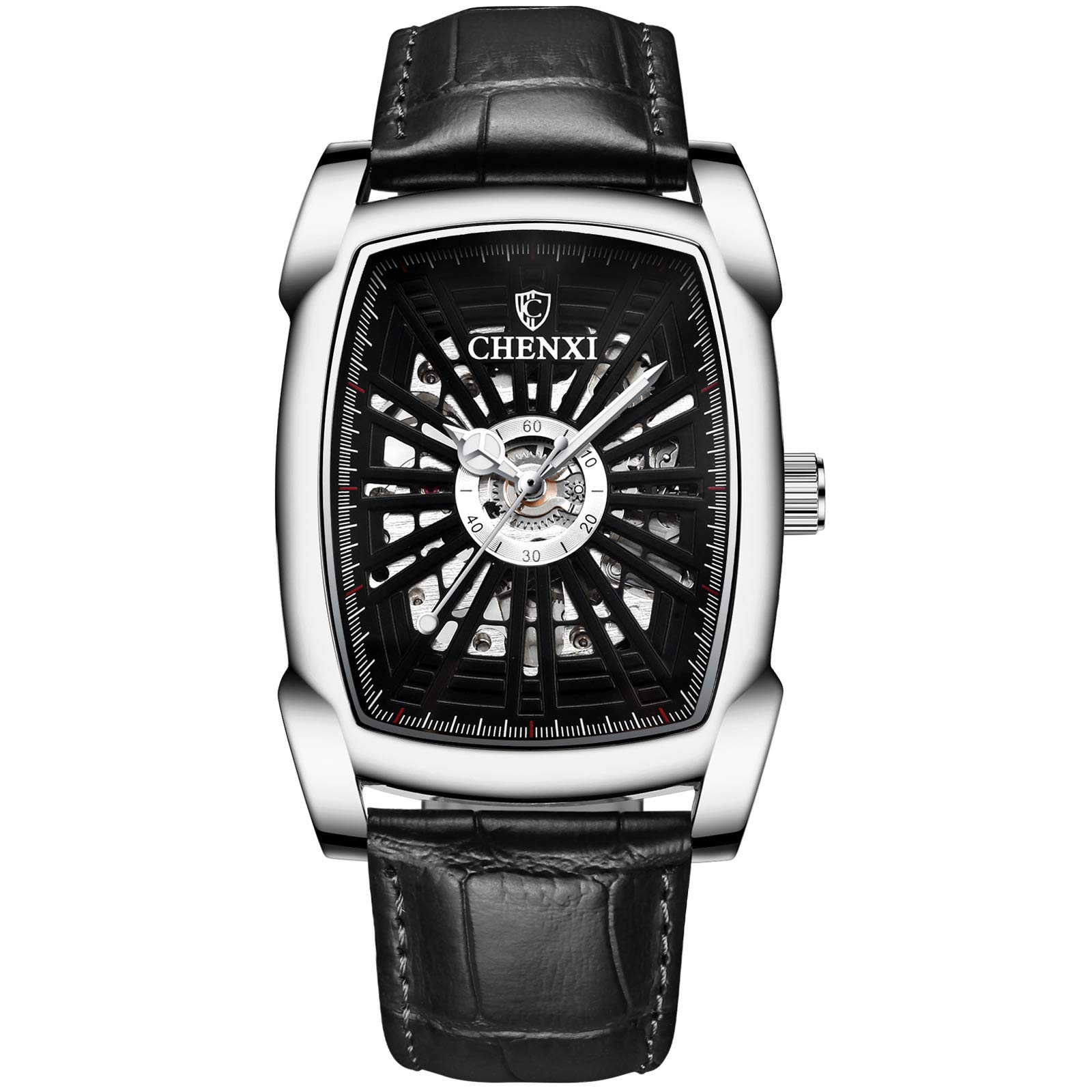 MASTOP Mechanische Herren-Armbanduhr, automatisch, ausgehöhlt, leuchtend, wasserdicht, Leder, rechteckig, Tourbillon-Skelett-Uhr