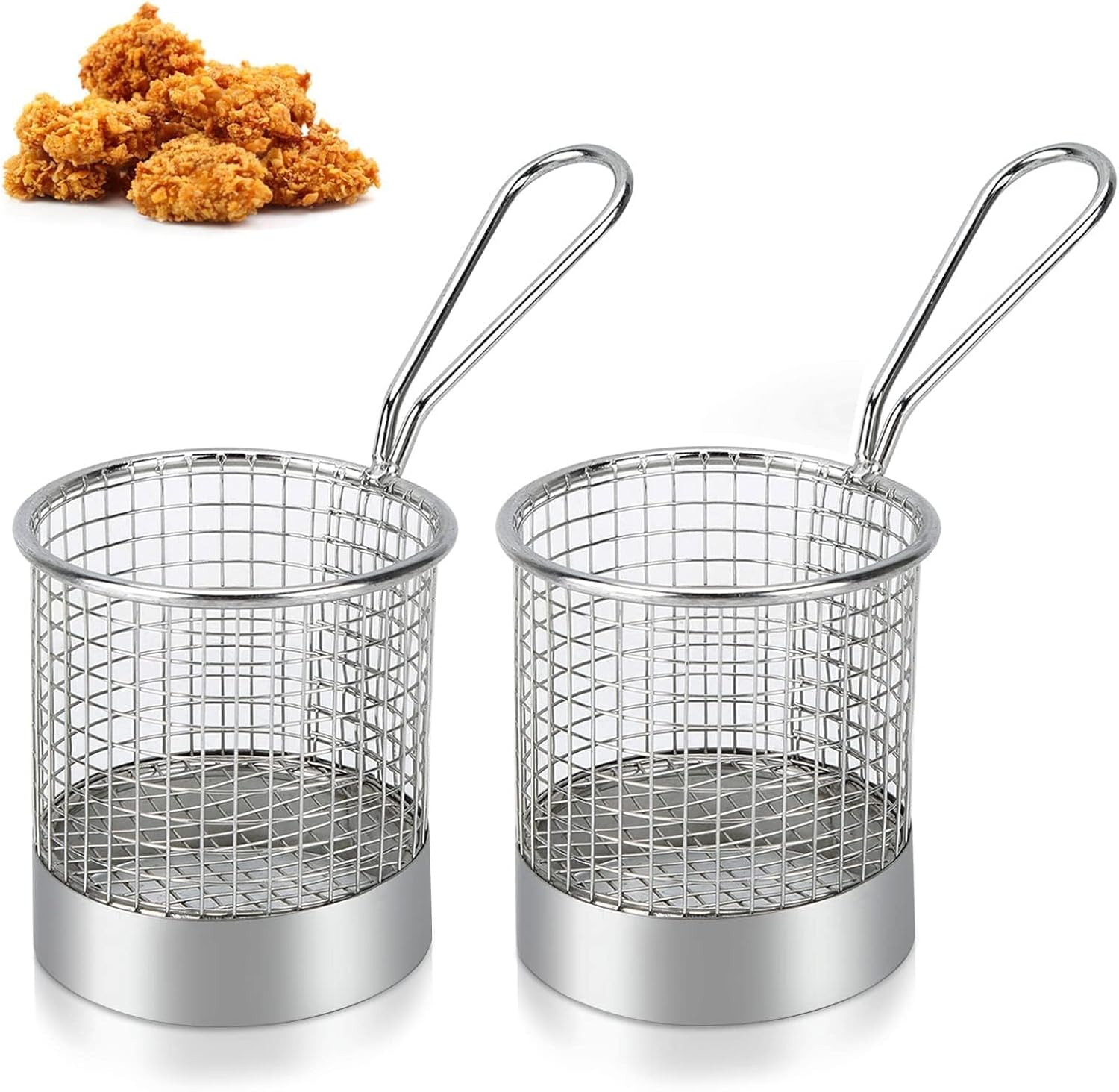 2PCS Mini Round Stainless Steel Deep Fry Basket, French Chip Frying Serving Food Baskets Mini French Fry Chips Baskets Net for Snacks Reusable Fries Holder with Handle