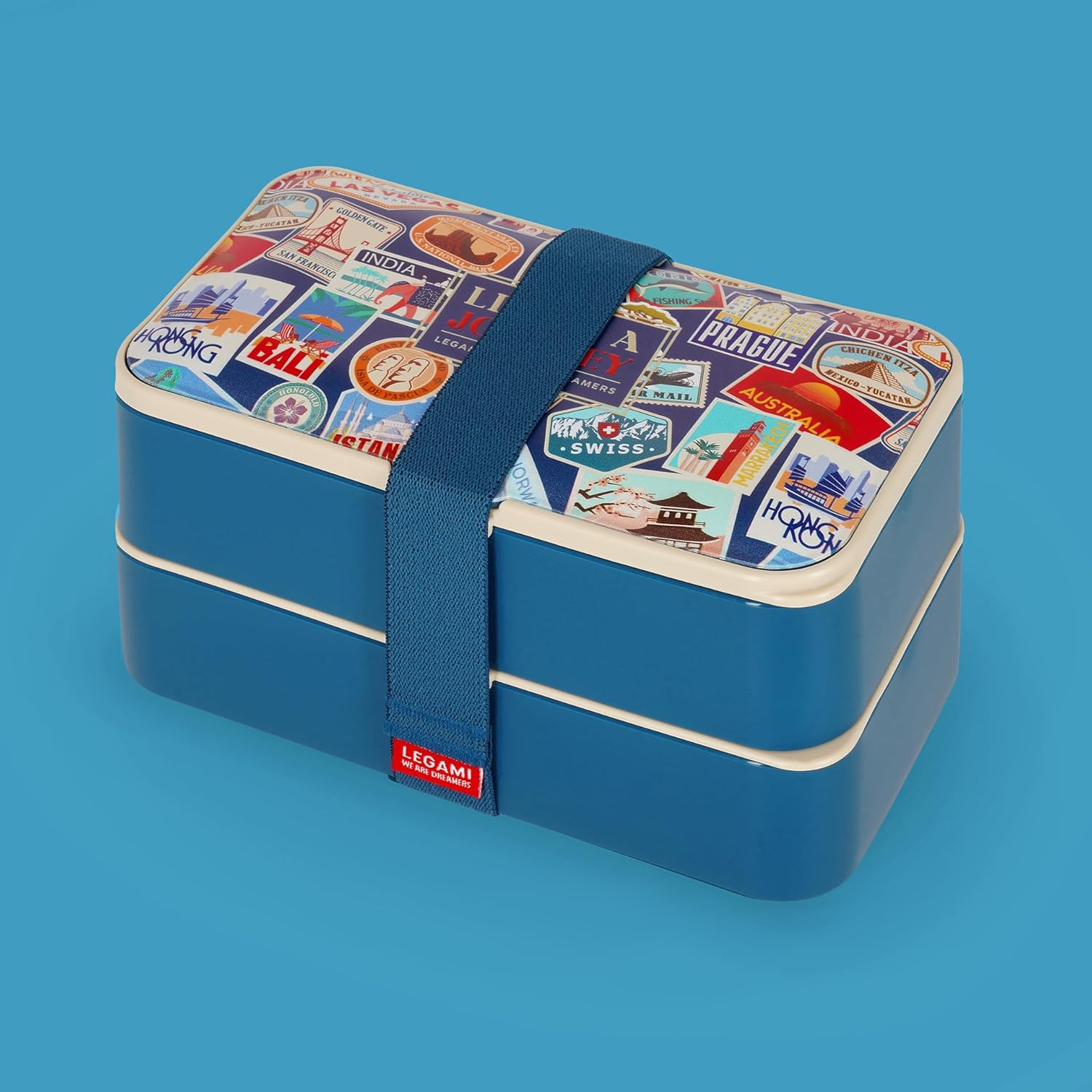 Legami Lunch Box, 3 Pieces of Cutlery Included, Travel Stickers, Container, Capacity 1200ml, Leakproof, Microwave and Dishwasher Safe