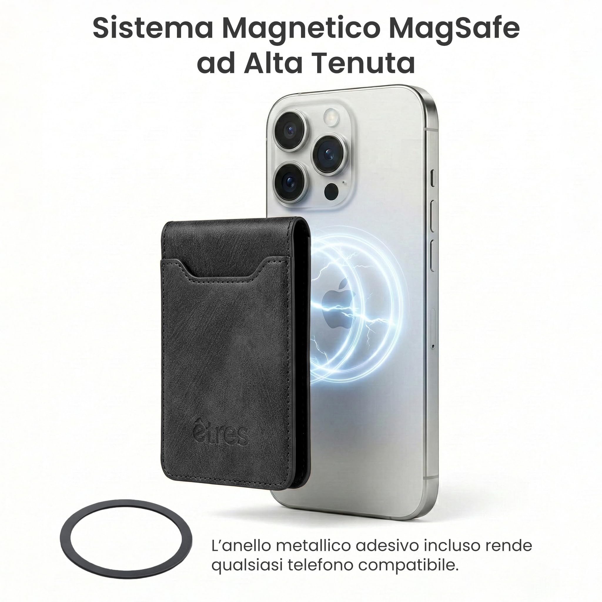 Porta Carte di Credito Schermato - Modello Deux - Fino a 7 Carte, Protezione RFID - Portacarte MagSafe Compatibile, Anello Magnetico Incluso - In Pelle Vegana (NERO)