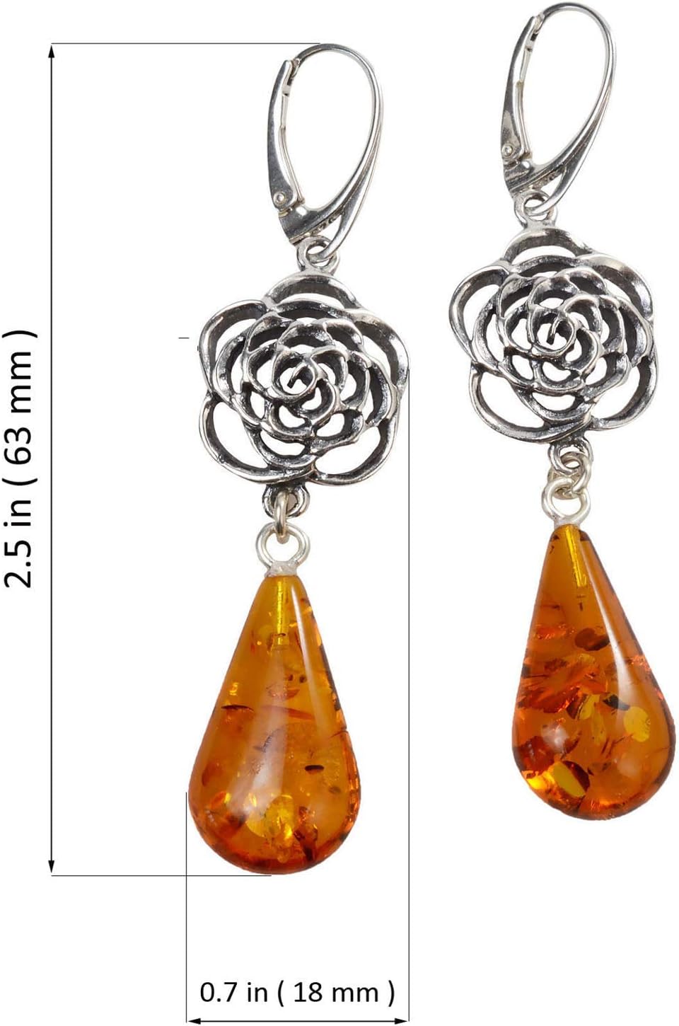 Amber Earrings - Sterling Silver Vintage Style French Leverback Baltic Amber Rose Earrings - Sterling Silver Jewelry Collection