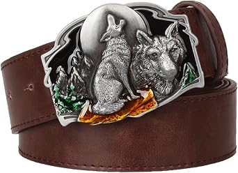 Belt Men,Leather Cowboy Western Casual Belt Wolf Pattern Alloy Buckle European American Hip-Hop