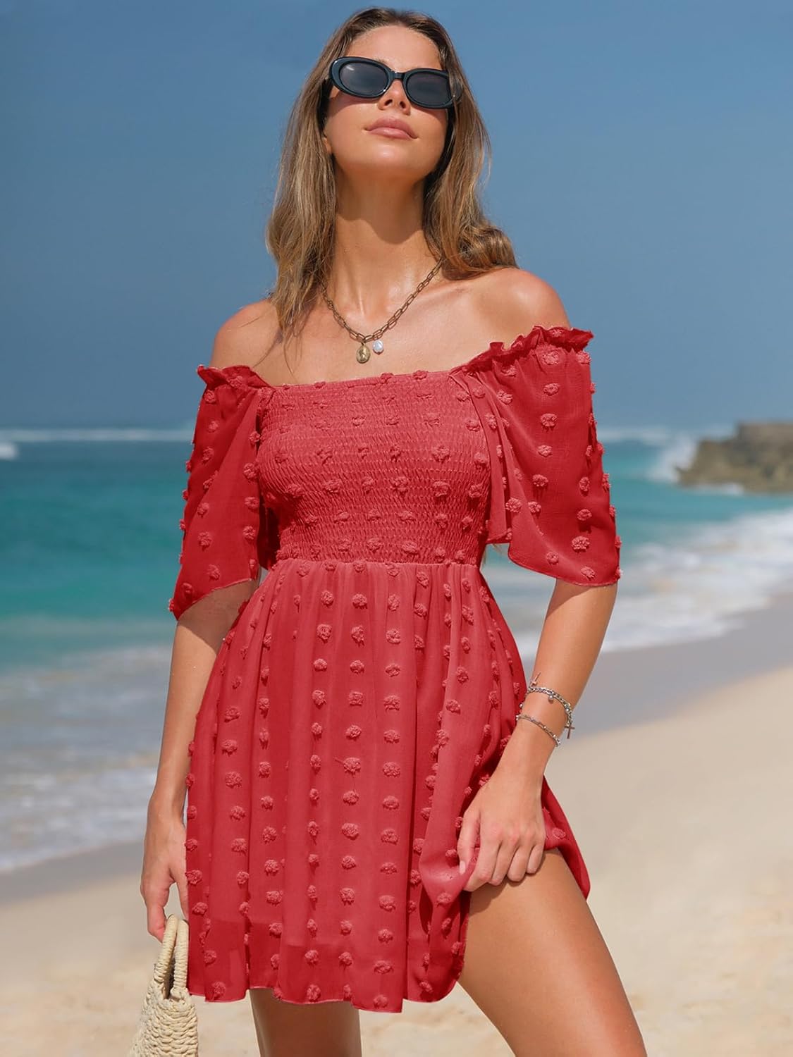 EXLURA Women's 2026 Summer Casual Square Neck Dresses Ruffle Short Sleeve Swiss Dot Flowy Mini Dress - Image 2