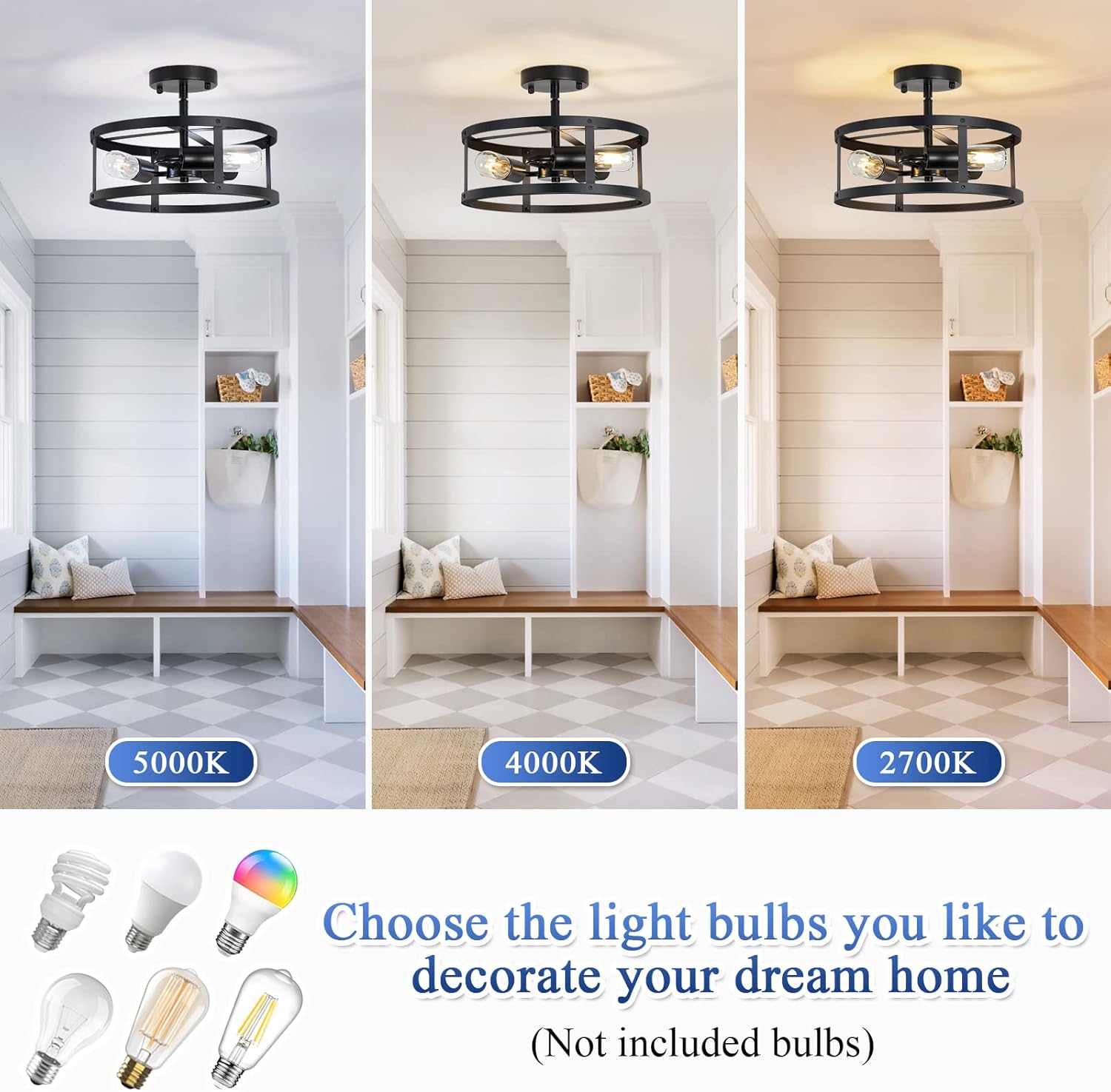 3-Light Semi Flush Mount Ceiling Light, Farmhouse Black Metal Cage Fixture, Industrial Lighting for Kitchen Foyer Hallway Entryway 2 Pack