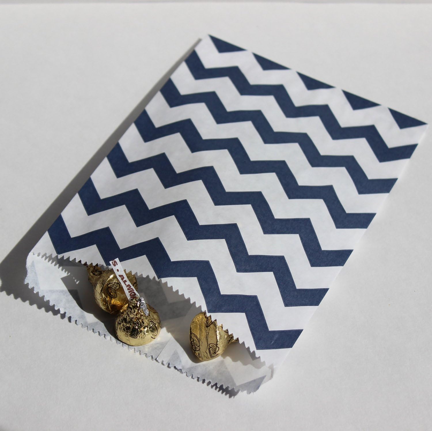 Navy Blue and White Chevron Stripe Party Favor Bags with Stickers, 5.5" W x 7.5" H, Set of 48 Navy Chevron Stripe Treat Bags and 48 Stickers
