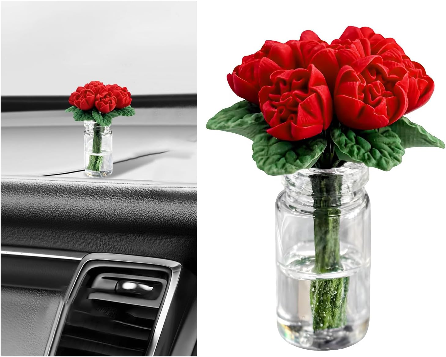 Rose Flower in Vase Car Dashboard Decoration, Mini Cute Flower Bouquet Rear View Mirror Ornament Realistic Decor, Miniature Funny Floral Vase Auto Ornament for Girls Women (Red)