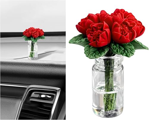 Rose Flower in Vase Car Dashboard Decoration, Mini Cute Flower Bouquet Rear View Mirror Ornament Realistic Decor, Miniature Funny Floral Vase Auto Ornament for Girls Women (Red)
