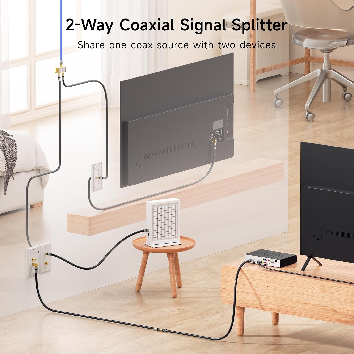 Cable Matters 2-Pack 2.4 Ghz 2 Way Coaxial Cable Splitter for STB TV, Antenna and MoCA Network - All Port Power Passing - Gold Plated and Corrosion Resistant
