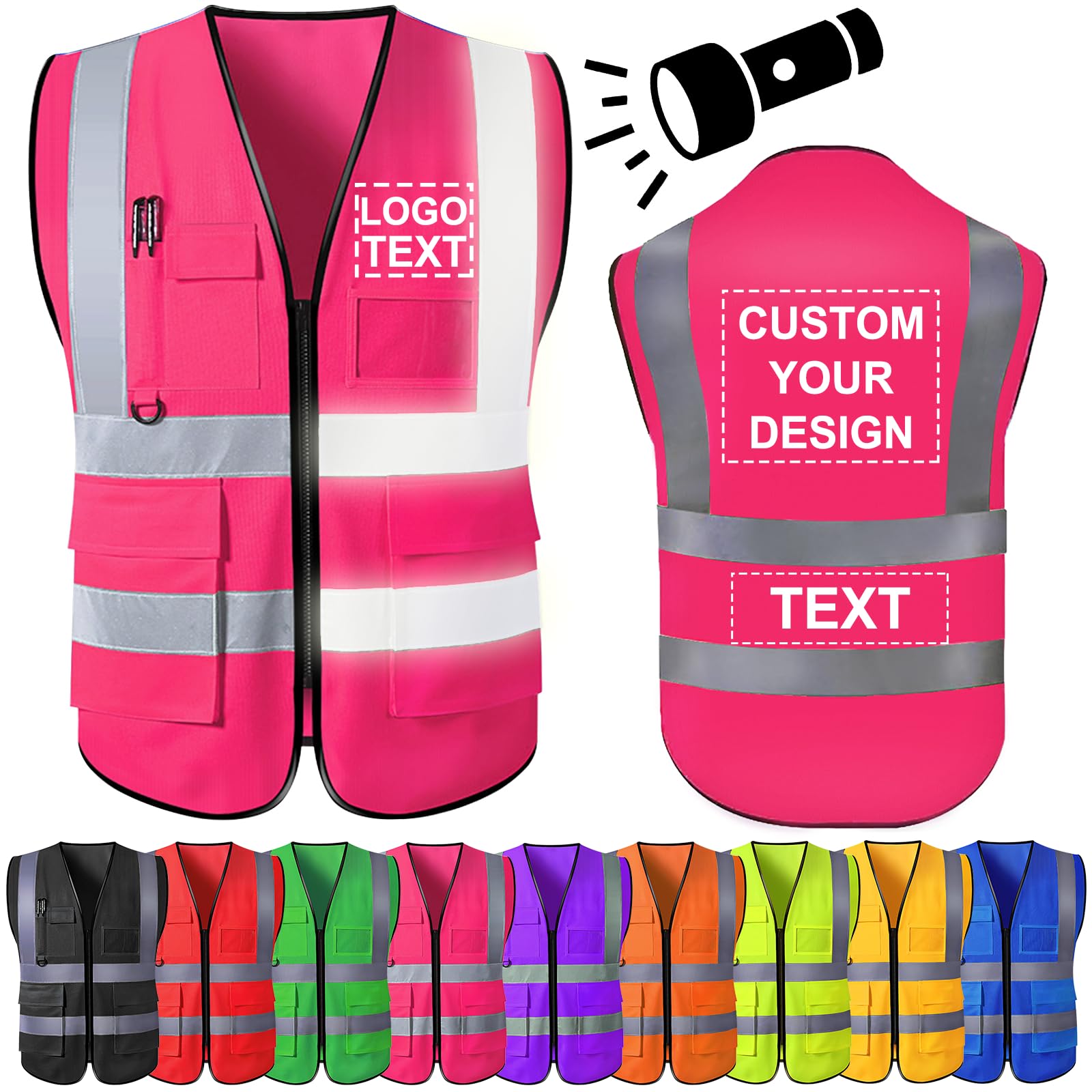 Custom Safety Vest for Men Personalized High Visibility Vest Workwear with Reflective Strip 5 Pockets