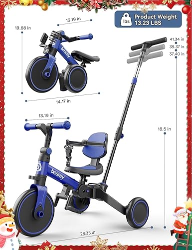 Miniatura 9 de besrey Bicicleta 5 en 1 para niños pequeños con mango de dirección para padres para niñas y niños de 1 a 3 años, triciclo plegable para niños,