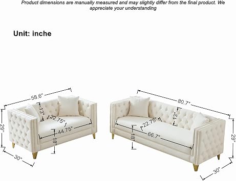Sofa Set 2 Piece for Living Room, Couch Set of 2, Modern 3-Seater 80.7 W and Loveseat 58.6 W, Cloud Couches Set Modern Comfy Loveseat Sets Upholstered Velvet for Bedroom Office Apartment Beige