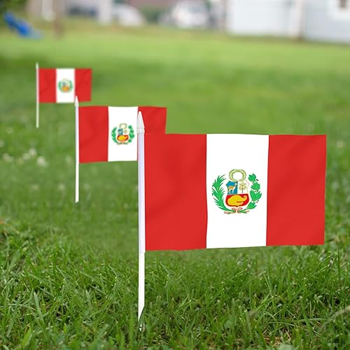 Miniatura 3 de Anley Paquete de 12 mini banderas peruanas en miniatura de mano en barra, resistentes a la decoloración y colores vivos, 5 x 8 pulgadas con poste