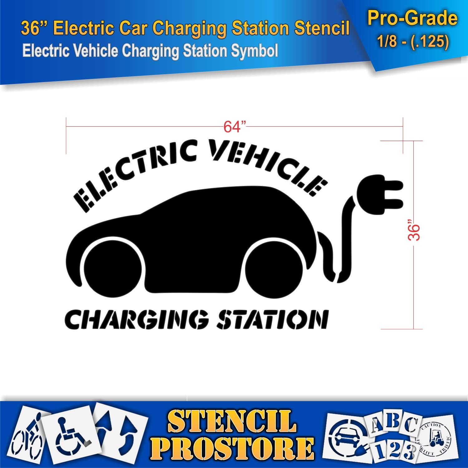 Pavement Stencils - 36 in - Car with Plug with Electric Vehicle Charging Station Stencil - 36'' x 64'' x 1/8" (128 mil) - Pro-Grade