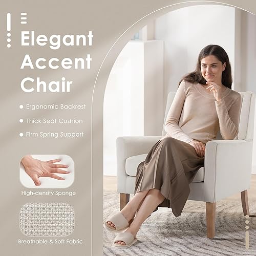 Miniatura 3 de COLAMY Silla moderna de ala para sala de estar, sillón tapizado de tela, sofá individual con asiento de salón y patas de madera para