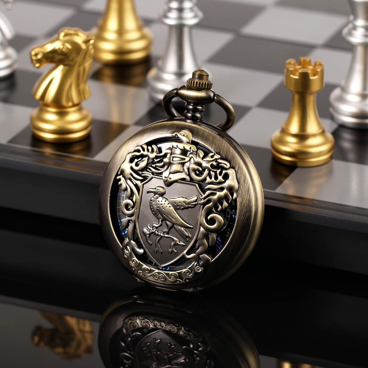 TREEWETO Men's Retro Double Open Skeleton Mechanical Roman Numerals Shield Pocket Watch with Chain for Men Women