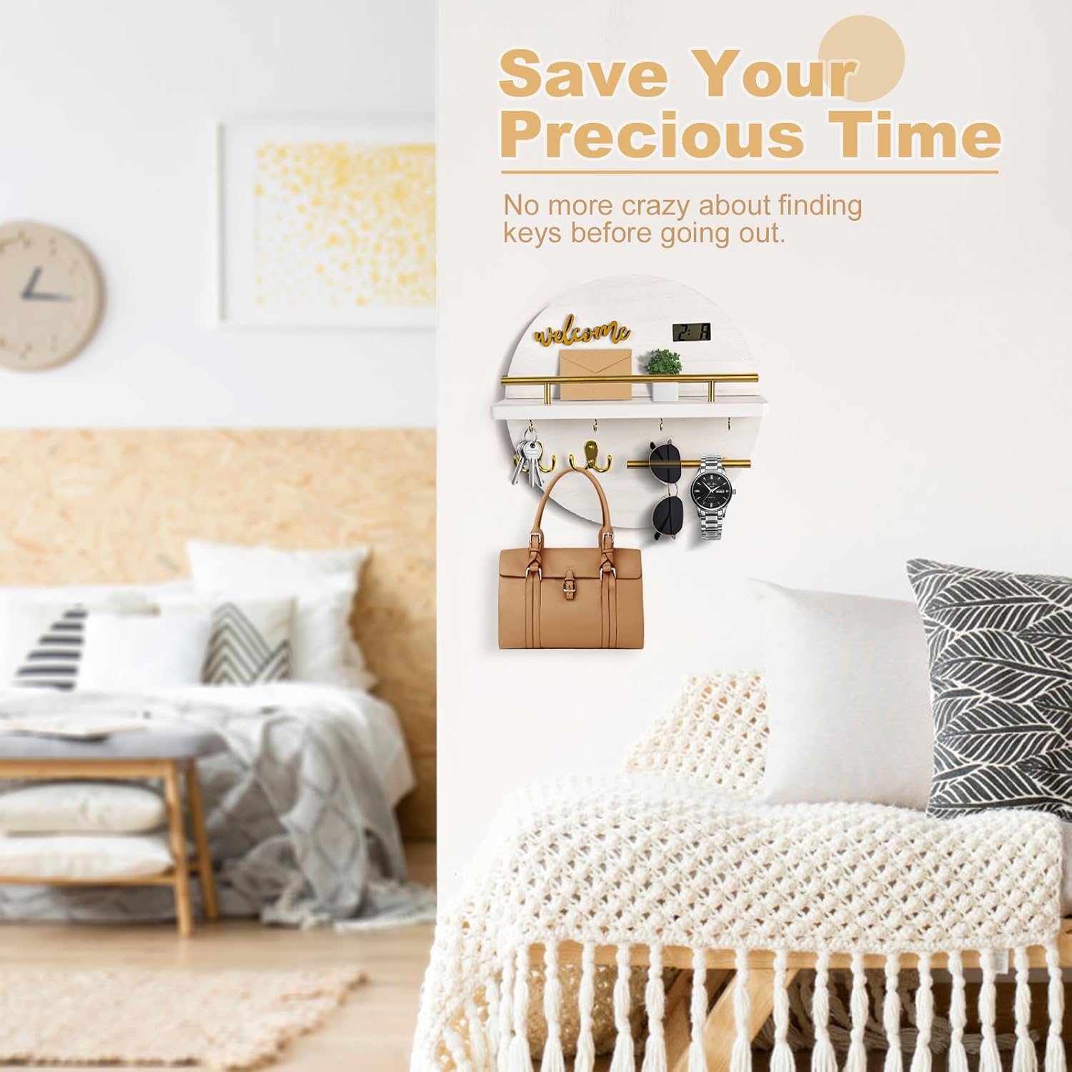 Key Holder for Wall, Key and Mail Holder Organizer with - Key Holder Wall Mount - Round Wooden Rustic Home Decor for Entryway, Mudroom, Hallway, Kitchen Office (White)