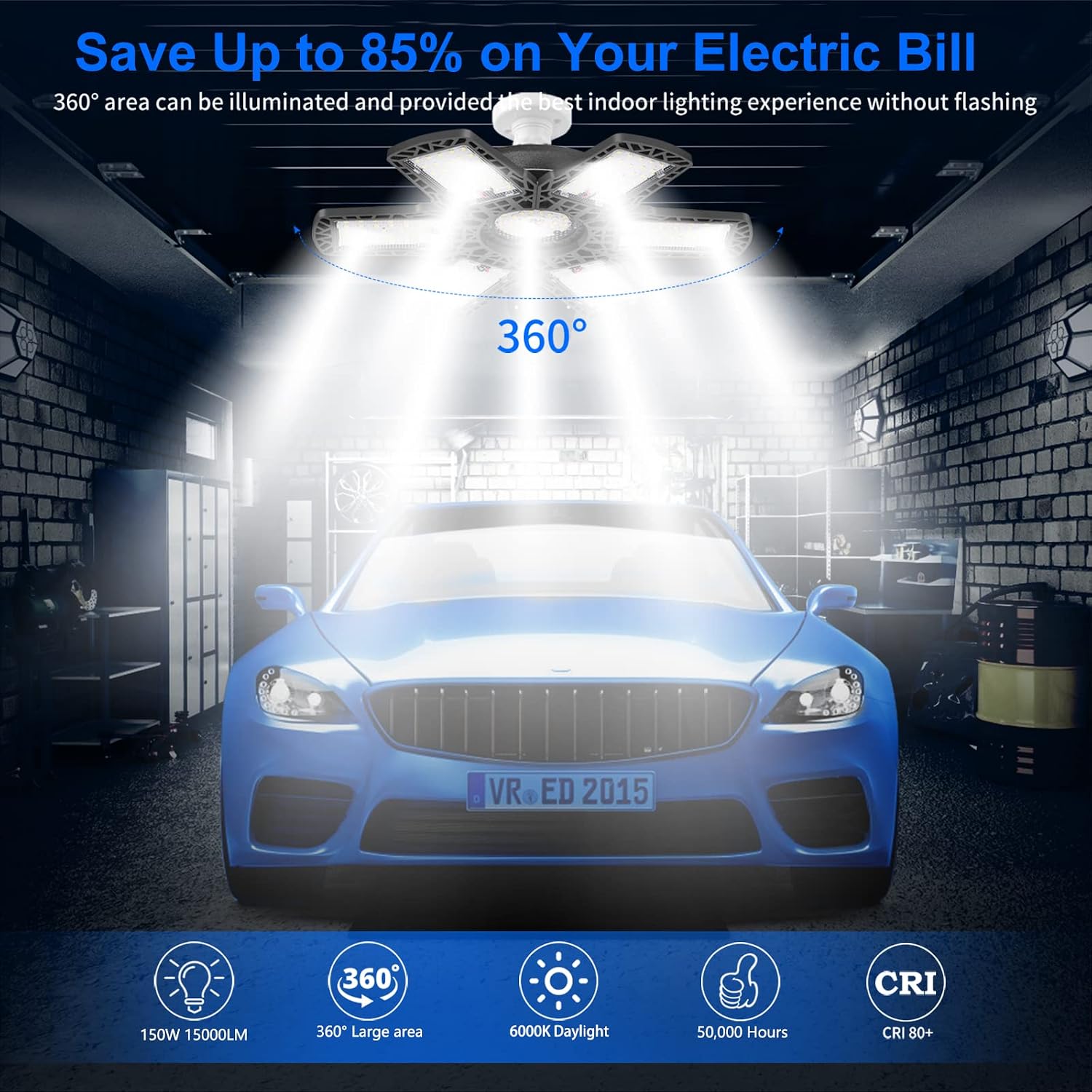 ELIVERN LED Garage Lights,150W 15000 Lumens Deformable Garage Ceiling Light with 6+1 Adjustable Panels, E26/E27 Base 6500K Daylight Led Shop Light for Garage Warehouse Workshop Basement