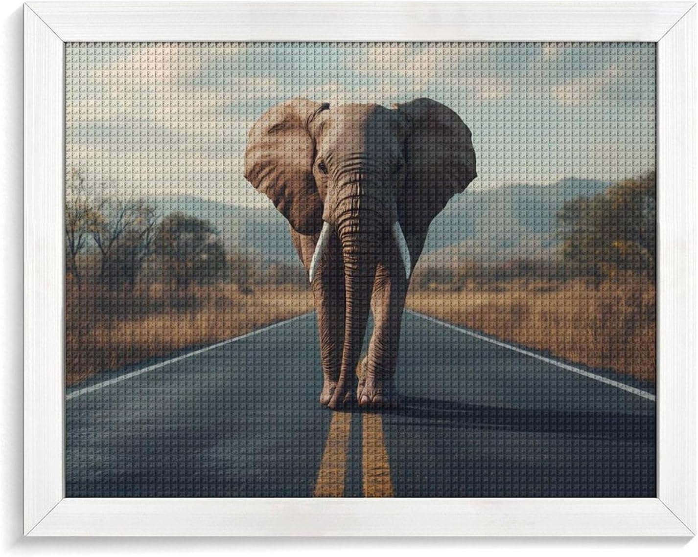 Elephant Walking On The Road Printed Diamond 5D Painting Kits DIY Full Drill Crafts for Home Wall Decor 16x20 Inch White Wood 50 * 40cm