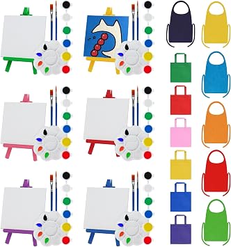 24 Set Mini Easel Painting Set Mini Acrylic Paint Kit Easter Stuffer Gifts Includes Canvas Panels Wooden Easels Paint Strips Brushes Palettes Aprons & Carrying Bags for DIY Crafts Group Activities