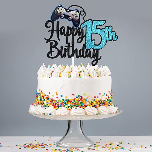 Miniatura 6 de Decoración para pastel de cumpleaños de 15 años, diseño de videojuegos para niños, suministros para tartas azules, decoración de fiesta ganadora de