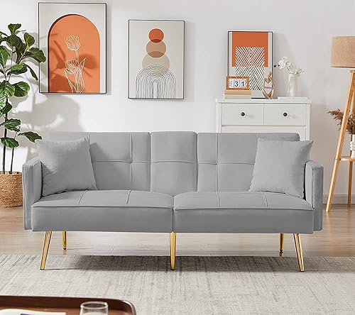 Miniatura 3 de Sofá cama futón moderno de tela de lino, sofá biplaza convertible con 2 portavasos y reposabrazos extraíbles para espacio de vida compacto,