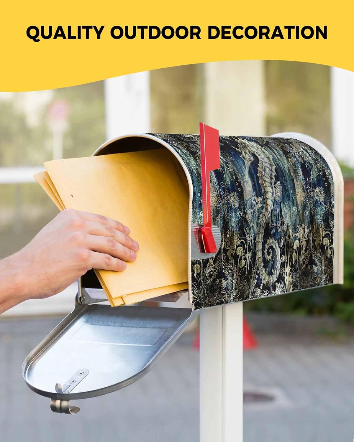 Sea Horse Mailbox Covers Magnetic Standard Size, Decorative Post Letter Numbers Box Wrap Decoration Covers Small Accessories for Garden Yard Outdoor Décor Coastal Ocean Golden Navy Blue Floral Leaf