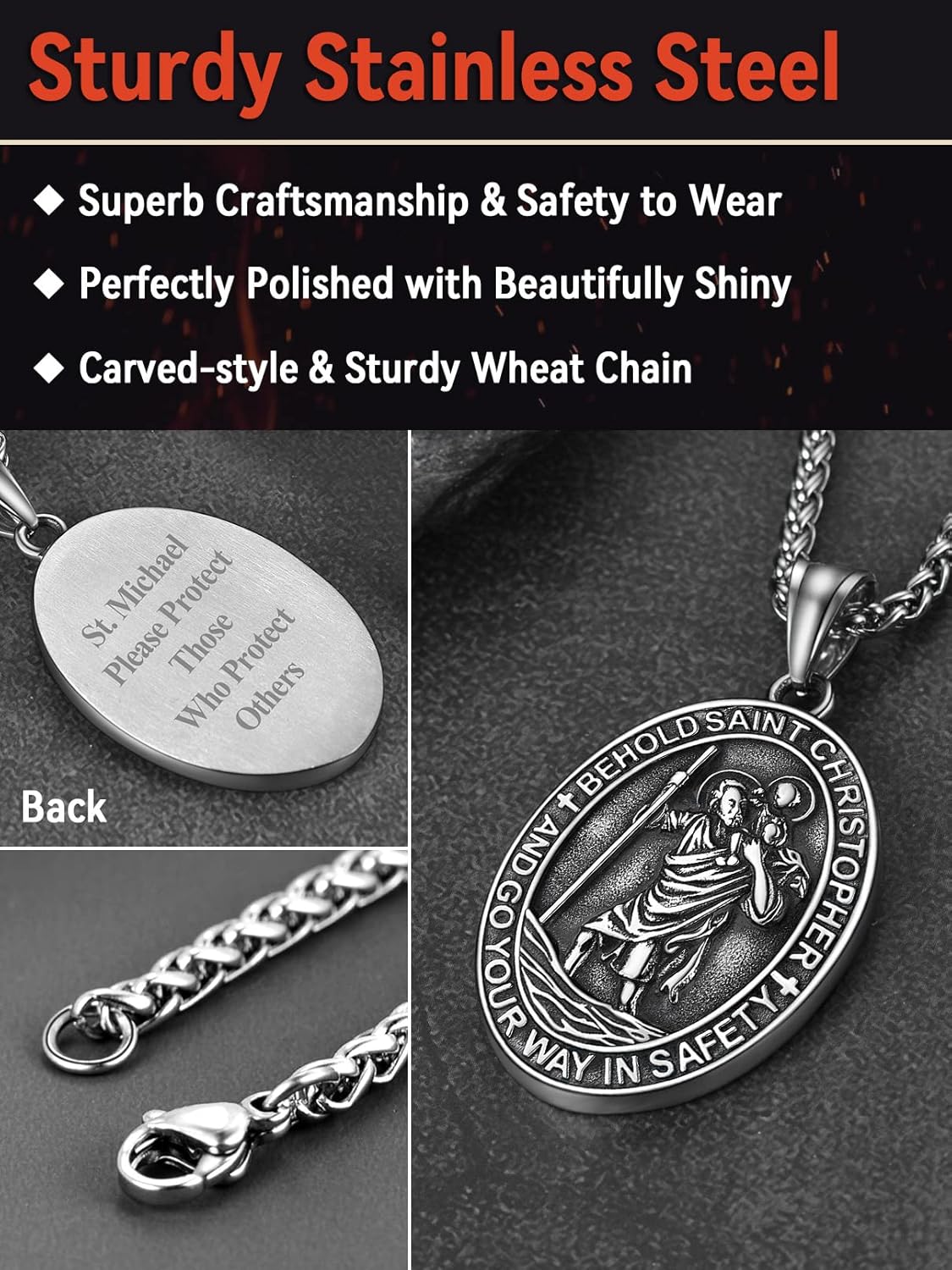 FaithHeart Saint Christopher/Florian/Sebastian Necklace for Men, Stainless Steel/18K Gold Plated St Christopher Necklaces Religious Amulet Pendant Christian Gifts for Men - Image 5