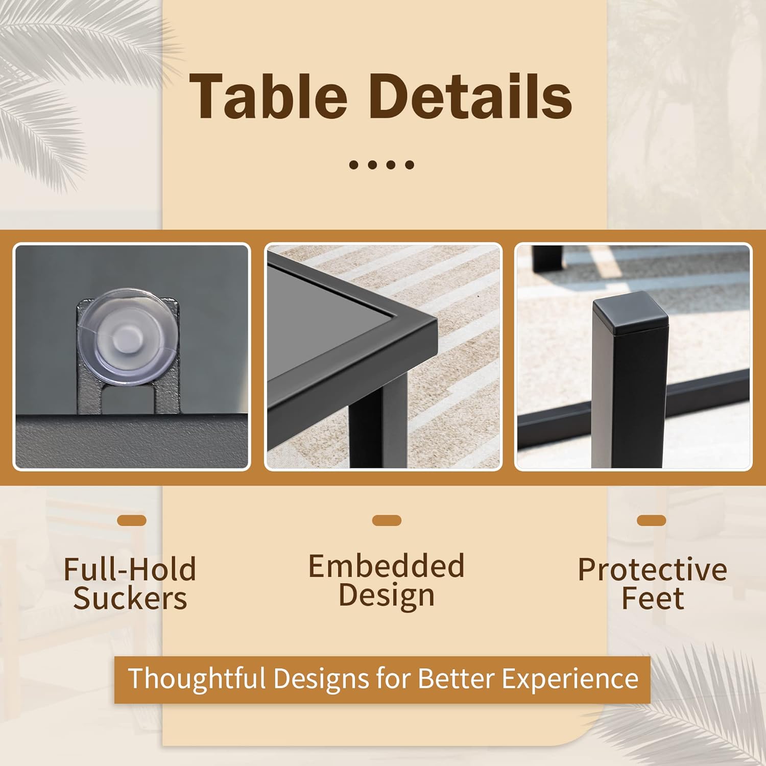 Detailed diagram showing the assembly steps for the coffee table, including attaching legs and placing the glass top.