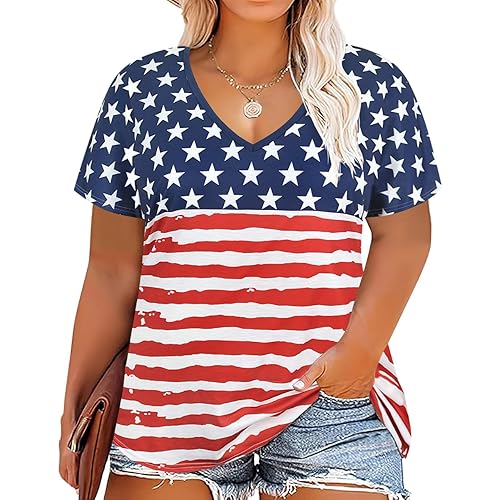 TIYOMI Plus Size Tops for Women Short Sleeves V-Neck Raglan American Flag Print Tops 4Th of July Patriotic T Shirt